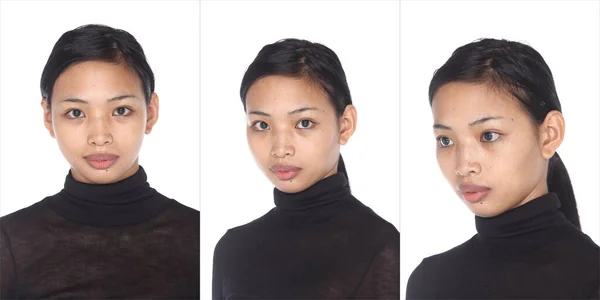 Halbkörperporträt 20S Asiatisch Gebräunte Haut Frau Lange Schwarze Haare Mit — Stockfoto