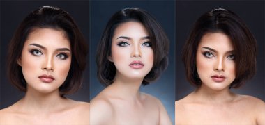 Yarı vücut portresi 20 'li yaşlarda. Güzel, kısa, düz, siyah saçlı, esmer, siyah tenli, ince giysili, moda makyajlı bir kadın.