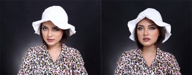 Beyaz şapkalı Asyalı kadın portresi, kaplan desenli gömlek, makyaj malzemesi, stüdyo açık siyah arka plan.