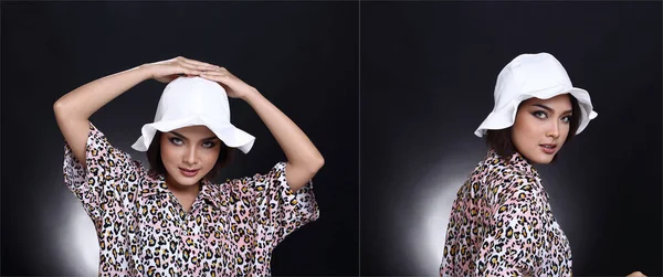 白い帽子の虎のパターンシャツのアジアの女性の肖像画 ファッションは スタジオの照明黒暗い背景を構成します — ストック写真