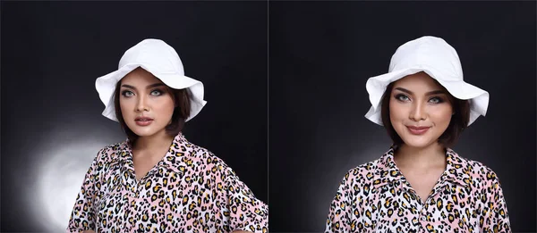 Портрет Азіатки Тигровій Сорочці Білого Капелюха Модний Макіяж Студійне Освітлення — стокове фото