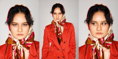 20 'li yaşlardaki Doğu Avrupalı kadınların vücut portresinin yarısı kahverengi saçlı, atkı takıyor. Beyaz tenli güzel ev kadını duygularını ifade ediyor. Gri arka planda mutlu bir gülümseme.