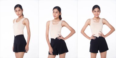 20 'li yaşlarda, Asyalı güzel bir kadının vücut portresi siyah saç kremi yeleği kısa pantolon, izole. Profil Kız, beyaz arka plan stüdyosu için mutlu bir gülümseme ve bakış açısı sunar.