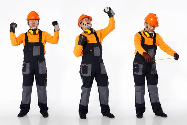 资深亚洲人穿着橙色制服衬衫 头戴硬礼帽 戴着皮手套 作为工程师工地的劳工 全长的短而小的男性持卡尺 许多动作 白色背景孤立 — 图库照片