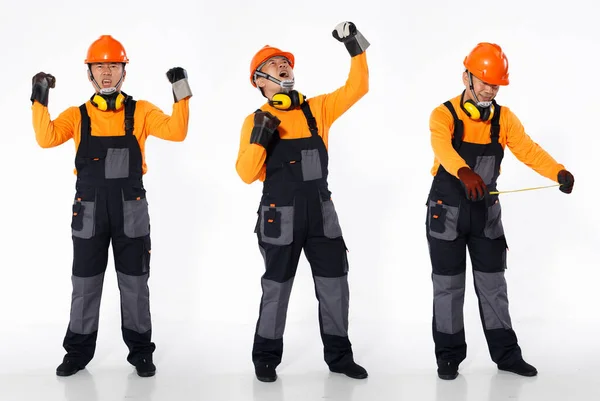 Homem Asiático Sênior Usar Laranja Uniforme Camisa Hardhat Luva Couro — Fotografia de Stock