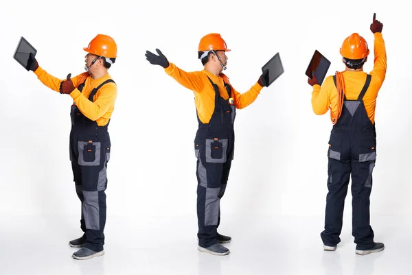 Senior Asian Man Wear Orange Uniform Shirt Hat Glove Electric — Stock Photo, Image