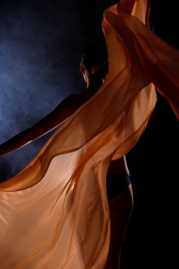 20 'li yaşlardaki Asyalı kadın portresi arka ışıklandırması düşük ışık anahtarıyla arka planda, sağlıklı moda tarzı için ters çevrilmiş kadın figürü. siyah arkaplan dumanına maruz