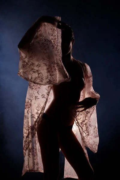 Портретний Плавець Одягає Азіатську Жінку Низькому Світловому Ключі Заднім Підсвічуванням — стокове фото