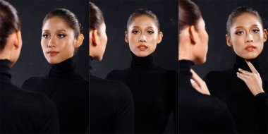 20 'li yaşlarda yarı vücut portresi. Hint kadını. Bal gibi temiz ten. Güzel siyah saç stili. Kız güçlü duygular ifade eder, aynaya bakın kürk arka planında moda pozları verir.