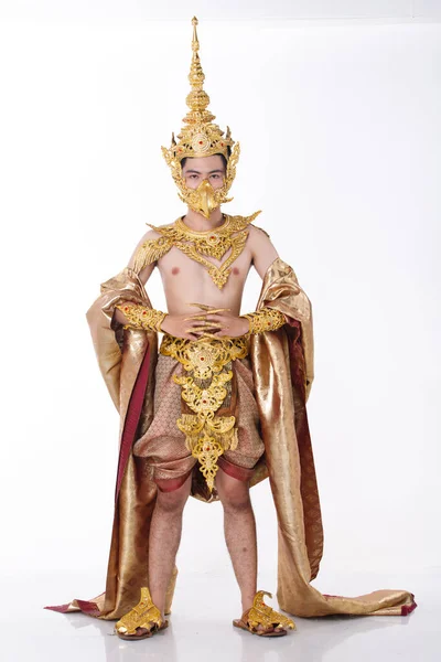 Full Längd Porträtt Talet Asiatisk Man Bära Guld Löv Folie — Stockfoto
