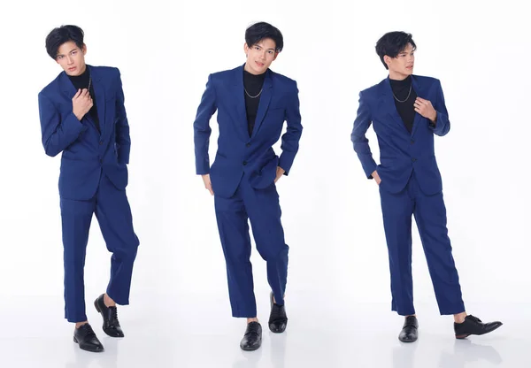 全長ポートレート20代アジアのビジネスマンは ガラディナーのためのブルー公式スーツパンツシューズを着用し 会議を祝います 若いスマート男性は幸せな笑顔を感じて自信を立っている 隔離された白い背景 — ストック写真