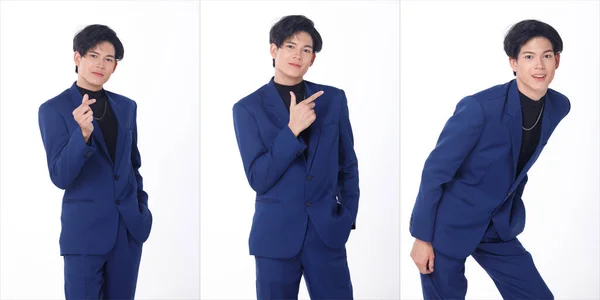 ハーフボディポートレート20代アジアのビジネスマンは ガラディナーのためのブルーフォーマルスーツパンツシューズを着用し 会議を祝います 若いスマート男性は幸せな笑顔を感じて自信を立っている 隔離された白い背景 — ストック写真