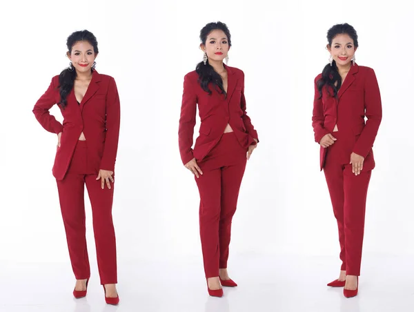 Fuldt Længde Kropsportræt Erne Asian Business Woman Slid Red Suit - Stock-foto