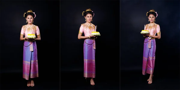 Vestido Loykrathong Traje Tradicional Tailandês Sudeste Ásia Vestido Ouro Mulher — Fotografia de Stock