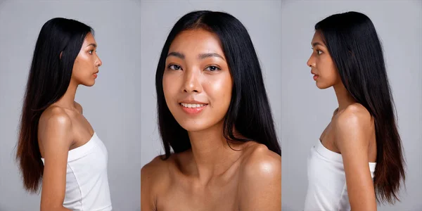 Retrato Metade Corpo Anos Mulher Asiática Cabelo Preto Longo Vasta — Fotografia de Stock