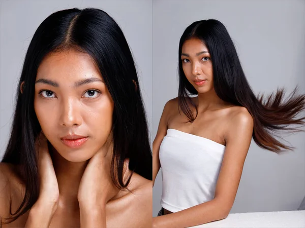 Půl Těla Portrét Asijské Ženy Let Dlouhé Černé Vlasy Obrovské — Stock fotografie