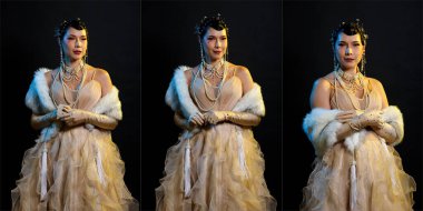 Güzel Gatsby kadınının antika portresi etrafına bak, bir sevgili için tren bekle, duygu ifadesi stüdyo siyah arka planda romantik moda tarzıyla yüzleşir, Gatsby eski moda konsepti