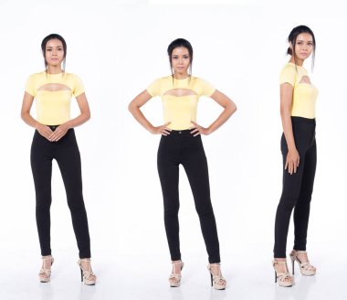 Kolaj grubu, uzun boylu, Asyalı, Hintli, Arap kadın, sarı gömlekli, siyah pantolonlu, yüksek topuklu ayakkabılı, beyaz arka planlı, kadınsı, moda anlayışı güçlü bir gülümseme sergiliyor.