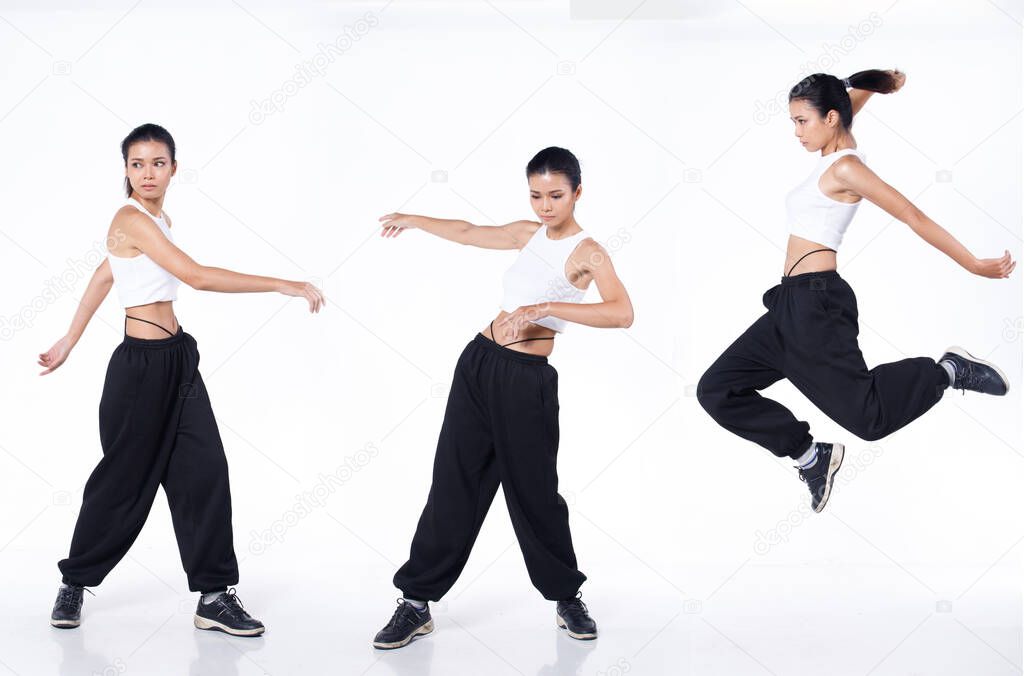 Collage Group Full length Figure snap of 20s Asian Indian Arab Woman black hair vast pants and sneaker shoes. Female stands dance jump as modern contemporary over white Background isolated
