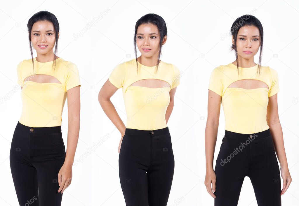 Collage group pack of half body Asian Indian Arab Woman yellow shirt black hair pant stand on high heel shoes, white background isolated, Female express feeling fashion poses strong smile happy