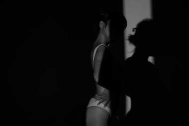 Yarı vücut Asyalı 20 'li yaşlarda kadın Bikini giyer. Günbatımı perdesinin gölgesinde kalır ve yalnız ya da kırık bir kalple kendini ifade eder. Tek renkli siyah beyaz ton
