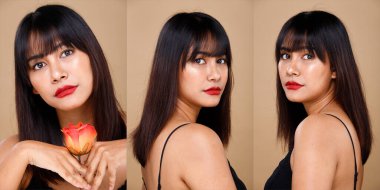 Asya Hintli Arap karışık ırk 20 'li yaşlardaki kadınlar, moda, kısa saçlı, uzun makyajlı, mutlu bir gülümseme sergiliyor. Sarı bej arkaplan üzerine yakın plan çekilmiş üç kadın yüzü kolajı 