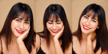 Asya Hintli Arap karışık ırk 20 'li yaşlardaki kadınlar, moda, kısa saçlı, uzun makyajlı, mutlu bir gülümseme sergiliyor. Sarı bej arkaplan üzerine yakın plan çekilmiş üç kadın yüzü kolajı 