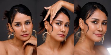 Asya Hintli Arap karışık ırk 20 'li yaşlardaki kadın gülümsemesini yüksek makyajlı siyah saçlarıyla mutlu bir şekilde ifade ediyor. Kolaj, siyah arka planda çekilmiş üç kadın yüzü görüntüsü. 