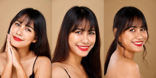 アジアのインドのアラブミックスレース20代女性は ファッションが高い構成黒の短い髪でポーズとして幸せな笑顔を表現しています コラージュ3枚の女性の顔の画像を閉じます上の黄色ベージュの背景 — ストック写真