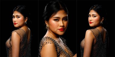 Asyalı 20 'li yaşlarda şişman bir kadın siyah kürk ceket, kırmızı dudaklar ve siyah arka planda çiller giyiyor. Yarı vücut, siyah saç ekspresi. Stüdyo ışıklarında yüzünde güçlü bir gülümseme hissediyor.