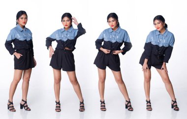 Kolaj Grubu 20 'li yaşlarda Asya' lı bir kadının tam boy resmi. Siyah saçlı, mavi gömlekli, kısa pantolonlu ve ayakkabılı. Kadın duruşu ve moda pozu beyaz arka plan üzerindeki duygu izole