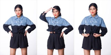 Kolaj Grubu, 20 'li yaşlarda, Asyalı kadın, kısa pantolonlu, siyah saçlı, kısa pantolonlu ve ayakkabılı. Kadın duruşu ve moda pozu beyaz arka plan üzerindeki duygu izole