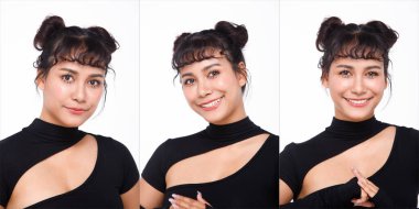 20 'li yaşlarda, Asyalı Hintli Arap bir kadının vücudunun yarısı siyah örgülü saçlarını beyaz arka planda giyiyor. Dişi ekspres gülümseme mutlu ve güçlü yüz pozları.