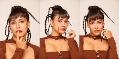 20 'li yaşlardaki Asyalı Hintli Arap kadının vücudunun yarısı siyah örülmüş saçları beyaz arka planda giyiyor. Dişi ekspres gülümseme mutlu ve güçlü yüz pozları.