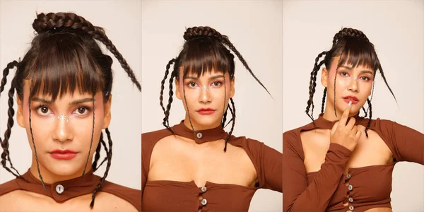Collage Halv Kropp Talet Asiatiska Indiska Arabiska Kvinna Bära Brun — Stockfoto