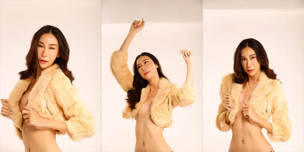Nudez Mulher Posa Moda Com Casaco Pele Para Cobrir Seus — Fotografia de Stock