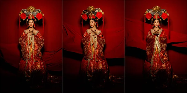 亚洲女人穿着中国王太后传统服装 金线设计服装和头饰 剧情片系列女性全身而立 面料在空气中飘扬 色调鲜红 — 图库照片