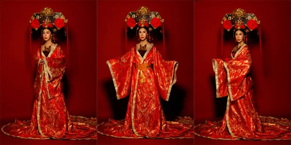 アジアの女性は中国を身に着けています黄金のラインデザインのドレスとヘッドウェアとロイヤル皇后伝統衣装 劇的なシリーズの女性は感情的な感じで完全な長さに立つ コラージュの色トーン赤の背景 — ストック写真