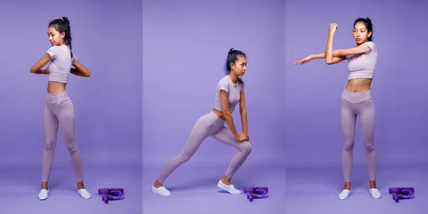 Collage Plná Délka Těla Asijské Štíhlé Opálené Kůže Fitness Žena — Stock fotografie