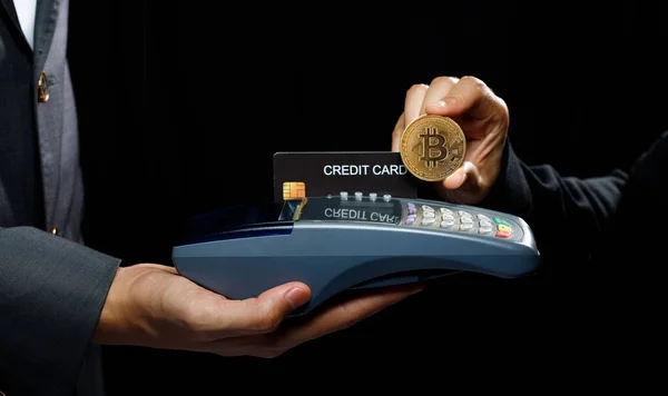 Pagamento Con Bitcoin Btc Sostituirà Carta Credito Sarà Pagamento Standard — Foto Stock