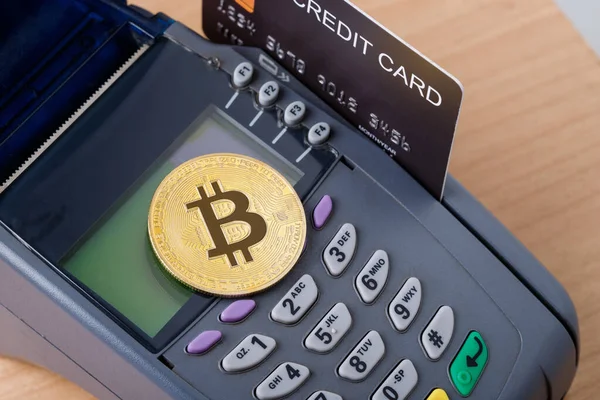 Bitcoin Standard Btc Crypto Currency Credit Card Machine Device Top — Stok fotoğraf