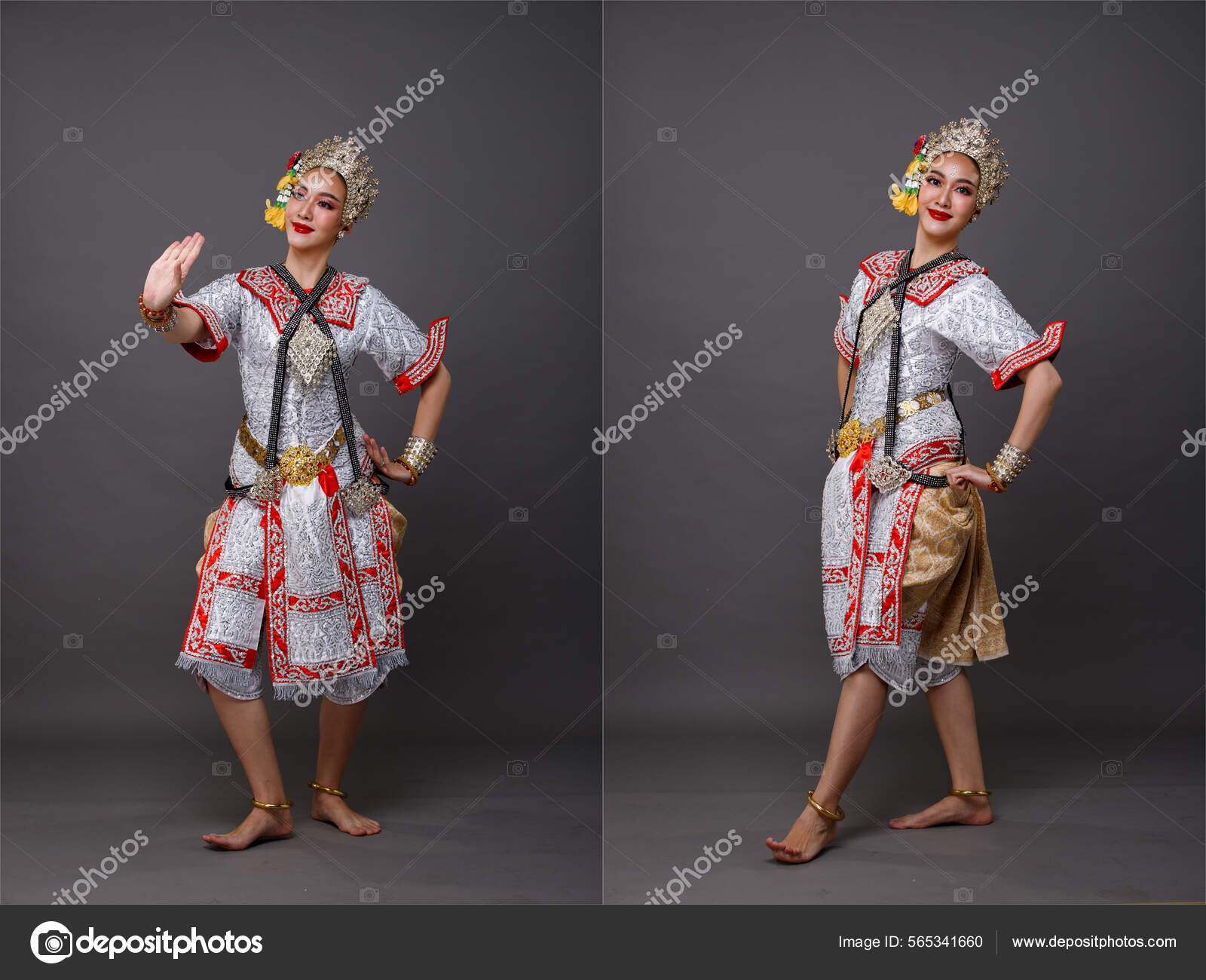 Full Length Asian Woman Wear Thai Traditional Costume Dancer Beautiful