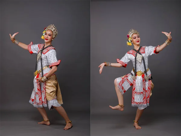 Longitud Completa Mujer Asiática Usar Tailandesa Traje Tradicional Bailarina Con — Foto de Stock