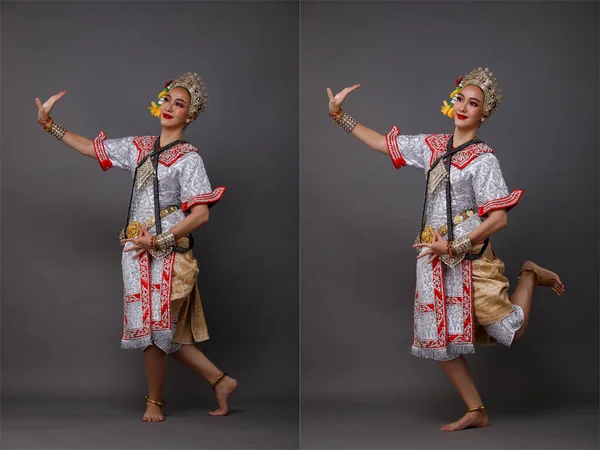 Comprimento Total Mulher Asiática Desgaste Tailandês Traje Tradicional Dançarina Com — Fotografia de Stock