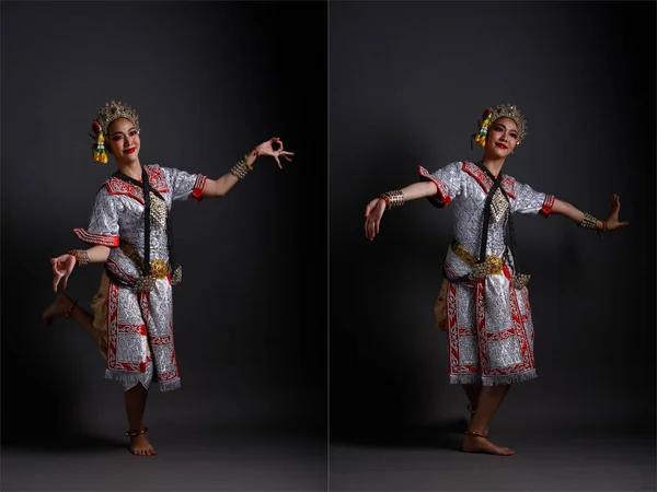 アジアの女性の完全な長さは 美しいデザインのドレスとタイの伝統衣装ダンサーを身に着けている Khon Dance Act Play Royal Thailand Studio Lighting — ストック写真