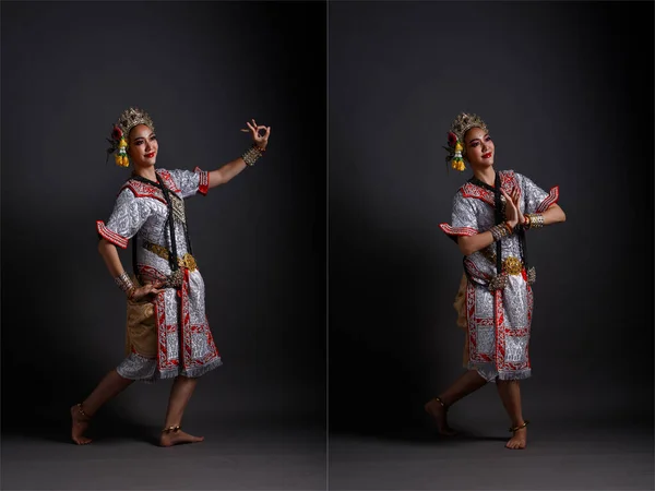 アジアの女性の完全な長さは 美しいデザインのドレスとタイの伝統衣装ダンサーを身に着けている Khon Dance Act Play Royal Thailand Studio Lighting — ストック写真