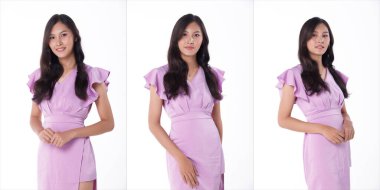 Collage Group half body Figure snap of 20s Asian Woman black long straight hair purple violet dress skirt. Female stands happy smile view over white Background isolated