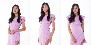 Collage Group half body Figure snap of 20s Asian Woman black long straight hair purple violet dress skirt. Female stands happy smile view over white Background isolated