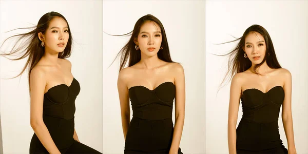 Collage Half Body Portrait 20S Asian Woman Black Long Straight — Stock Photo, Image