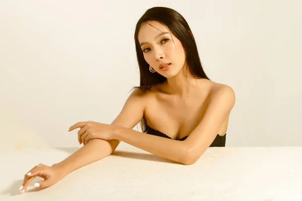 Collage Half Body Portrait 20S Asian Woman Black Long Straight — Zdjęcie stockowe